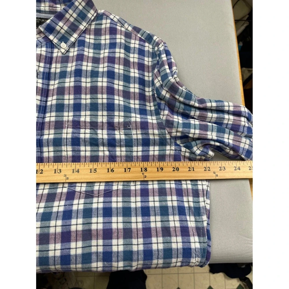 Banana Republic Mens Slim Fit Linen Cotton Plaid Button Down Shirt Blue Purple M
